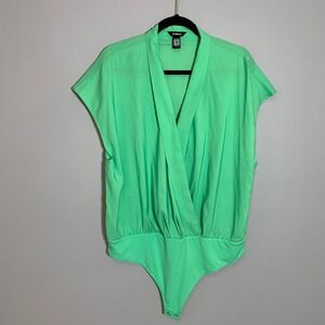 Express Neon Green V Neck Ruched Bodysuit Top XL‎